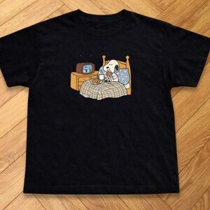 Cute Cartoon Snoopy Dog in Bed Eating Cookies Watching TV Black Graphic Tee